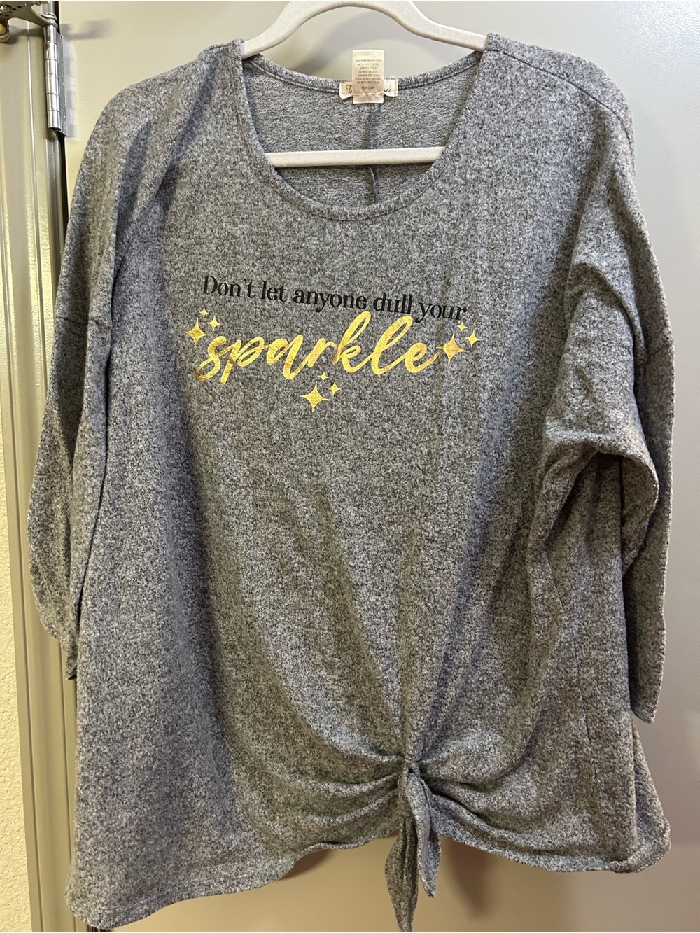 Women’s gray Sparkle Tie-Hem Top with Gold Foil Text